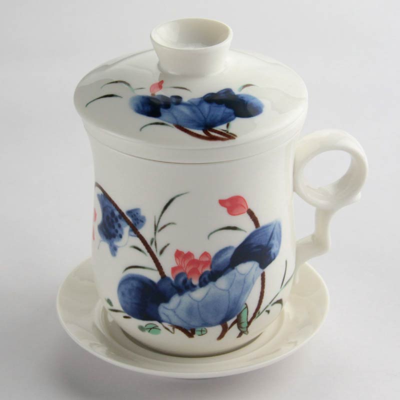 Lotus design tea mug set. Lidded tea mug with filter and saucer.